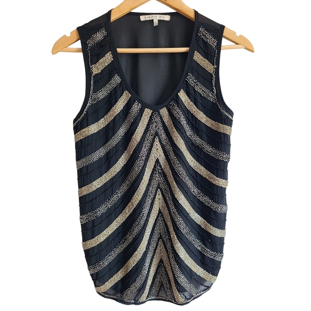 English Rose‎ Black Sheer Heavily Beaded Embellished Tank Top Gold Silver Small